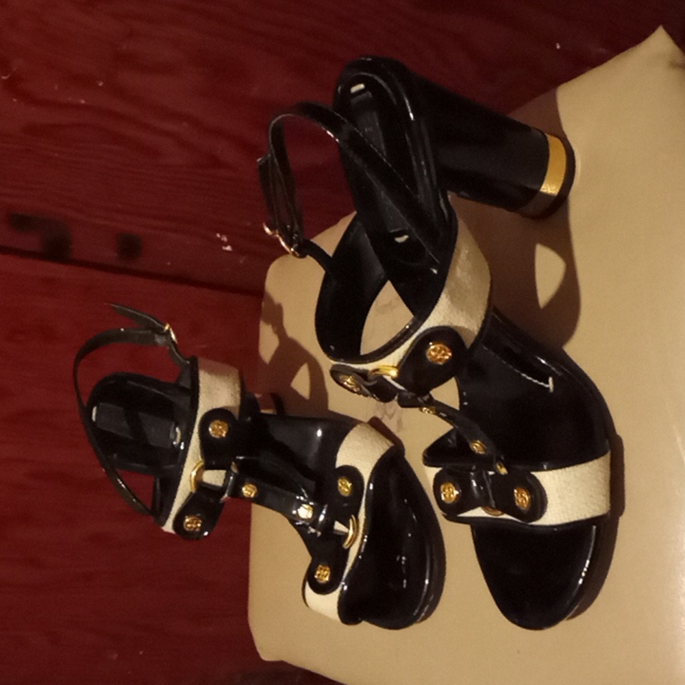 BCBGeneration Linen and leather sandals with golden hardware